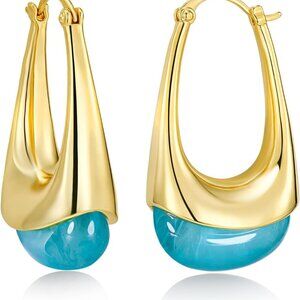 Long Oval Chunky Dangle Gold Hoops with Colored Resin Gemstone Statement Earring